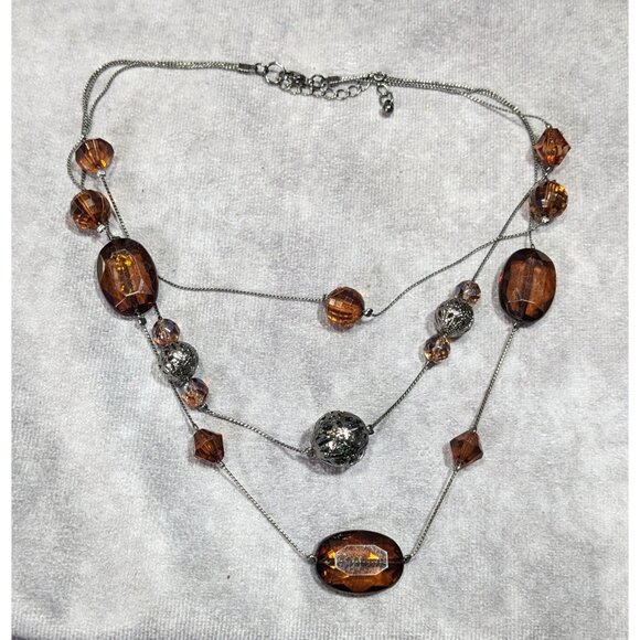 Rustic Brown Gemmed Silver Tone Accent Layered Station Necklace - Picture 5 of 5